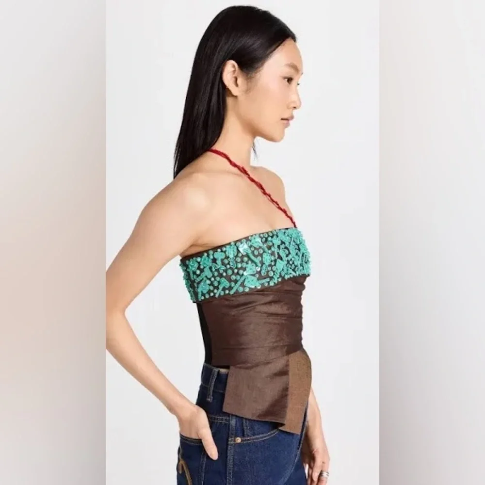 Tory Burch Lollipop Linen Beaded Strapless Bustier Top